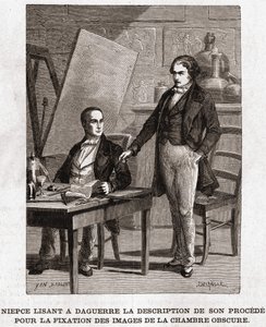 Niepce reading to Louis Daguerre the description of Heliography, for the fixing of pictures from camera obscura - Nicephore Niepce (1765-1833), French inventor, pioneer of photography reading to Daguerre the description of his method for fixing the images