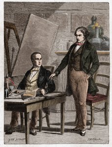 Niepce reading to Louis Daguerre the description of Heliography, for the fixing of pictures from camera obscura - Nicephore Niepce, French inventor, pioneer of photography reading to Daguerre the description of his method for the fixation of images