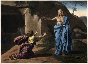 Noli me tangere: the apparition of Christ to Saint Magdalene. Anonymous engraving of the 19th century