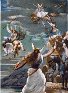 Nordic mythology: The Walkyries in Valhalla and the fall of warriors in battle. Chromolithograph of the 19th century