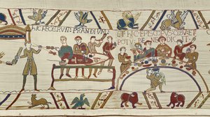 Norman servants prepare a banquet for William and Bishop Odo blesses the meal, Bayeux Tapestry by Unknown artist