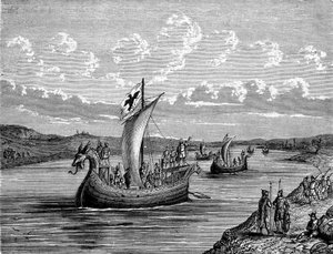 Norman ships up a river - engraving