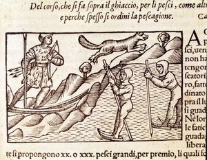 Norwegian Hunters Moving Through Skis. Engraving by Olaus Magnus, "Historia de Gentis Septentrionalibus"