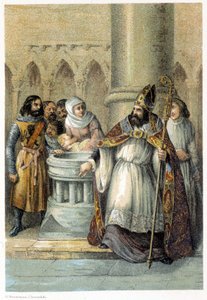 Notger (930 - 1008), bishop of Liege, during the baptism of Otto III (980-1002), King of Germany. Chromolithography of the 19th century by Unknown artist