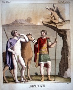 Oedipus and the Sphinx - in Dizionario Mitologico, Engraving of the 19th Century, Bibl. di Brera, Milan