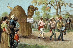 Old custom celebrated in the Languedoc region: The camel walk on the day of Saint Aphrodite. Chromolithography of the late 19th century.