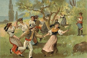 Old custom celebrated in the Provence region: the farandole for silkworm harvest festivals. Chromolithography of the late 19th century