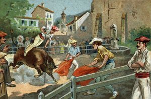 Old custom celebrated in the region of Biscay: Landaise races in a village. Chromolithography of the late 19th century