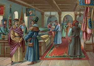 Old shopping centres: linen hall in Bruges, Belgium in the 15th century. Chromolithography of the late 19th century