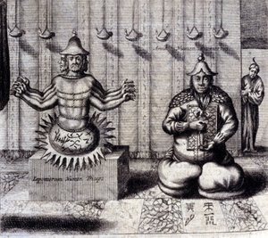 On the left, Hindu deity with eight arms, on the right Amida, Japanese Buddha. 