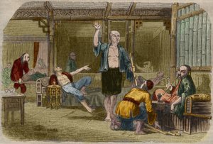 Opium Smokers in China in the Middle of the 19th Century. Engraving from 1857 in 