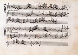 Page of musical score of Harmonice Musices Odhecaton by Ottaviano Petrucci (1501)