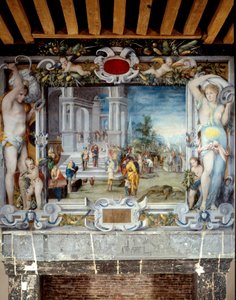 Painted fireplace top of the weapons room depicting Solomon and the Queen of Sheba