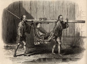 Palanquin has the use of the people, open, the user puts his belongings on the roof before settling in to make his journey. Engraving to illustrate the voyage to Japan in 1863-1864, by Aime Humbert, minister of the Swiss Confederation, in 