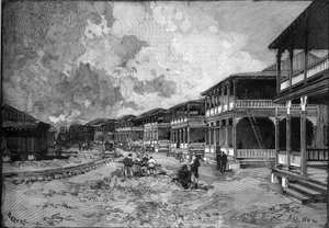 Panama Canal. Street of the new city of Christopher Columbus at Colon: workers