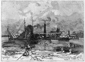 Panama Canal works. Main machines: a dredge and its valve. Engraving in Le Monde Illustré