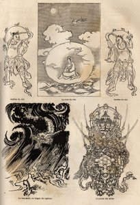 Pantheon of Japanese deities, traditional representation of some typical figures: the queen of heaven flanked by two guards; the Maki Tats, dragon of typhoon and the boss of arms. Engraving to illustrate the voyage to Japan in 1863-1864, by Aime Humbert by Unknown artist