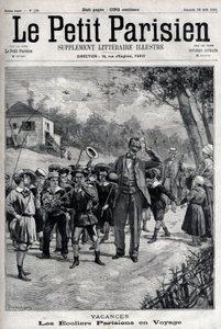 Parisian school holidays on a trip to the countryside. Engraving in 