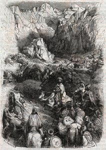 Passage of the Pyrenees by the Moors - engraving of 1851 from Furious Roland (Orlando furioso) (16th century) by Ludovico Ariosto, known as the Ariosta - Edition translated from Italian by the Count of Tressan and published by Gustave Harvard 1851