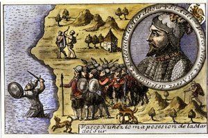 Performance of Vasco Nunez de Balboa, Spanish navigator who was one of the first to discover the Pacific Ocean by crossing the Strait of Darien. Engraving