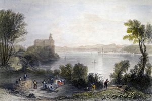 Persenberg Castle in Germany. In the foreground, the woodworkers at work. Engraving of the 19th century by Unknown artist
