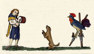 Pets Trained: A Dog and a Rooster Dance on Stills to the Rhythm of the Drum, Engraving from a 1344 Manuscript from the Bodleyan Library of Oxford