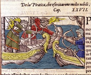 Piracy was practised by many Scandinavian noble women. Engraving from “Historia de gentium septentrionalium” by Olaus Magnus, Venice 1567.