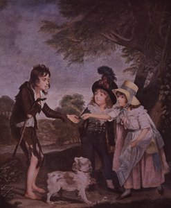 Poor boy begging from rich children by Unknown artist