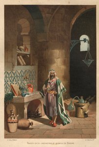 Portrait of Rhases (Rhazes, Razi, Al-Razi, Razis, or Rases) (840-923) Persian scientist in his laboratory in Baghdad. Barcelona 1881