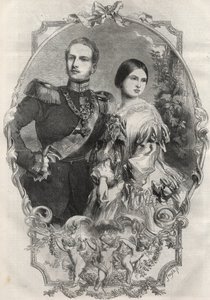 Portrait of Princess Victoria (Queen Victoria) and Crown Prince Frederick William of Prussia. Engraving from 1858.