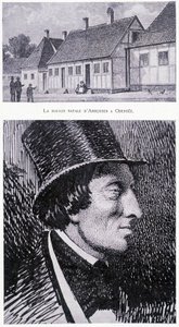 Portrait of the Danish writer Hans Andersen (1805 - 1875) and his house in Odense, Denmark, circa 1832 by Unknown artist