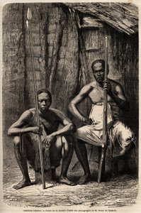Portrait of two Bakali warriors. Drawing by H. Castelli, to illustrate the journey to Gabon, in 1861-1864, of Doctor Griffon du Bellay. Engraving in 