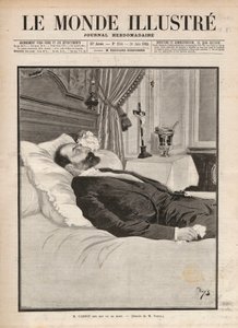 President of the republic Sadi Carnot on his deathbed, in a context of trade union and anarchist agitation, he was assassinated on 24 June at the Lyon exhibition, by Sante Caserio and later on. Engraving in 
