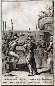 Prince Boemond, who had pretended to be dead to protect himself from Emperor Alexis, reappeared and declared to the population Let your master know that Boemond is resurrected and that he will soon notice. 12th century. Engraving in Beaute de l