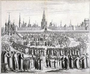 Procession of Easter Flowers in front of the Holy Savior Gate and the Kremlin in Moscow