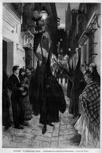 Procession of the Confraternity of Saint Laurent (St. Lawrence) in Seville (Spain) on Good Friday. Engraving in Le Monde Illustre 1883. Private Collection