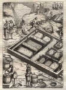 Producing salt by evaporating sea water in salt pans. From 