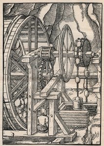 Rag-and-Chain Pump for Draining a Mine Operated by Men in Treadmill. From Agricola