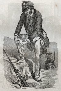 Rage - treatment of bites made by an enraged animal - hurts pressing his wound - engraving in La Sante Universelle - Medical Guide for Families 1852 by Unknown artist