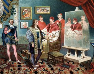 Raphael (Raffaello Sanzio) working on the portrait of Pope Leon X surrounds Cardinals Jules de Medicis (Giulio) (Pope Clement VII) by Unknown artist