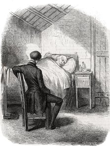 Rastignac remained alone near the old man, sitting at the foot of the bed... Engraving mid 19th century. Illustration for “The Father Goriot” by Honore de Balzac (1799-1850). by Unknown artist