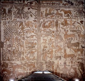 Representation of Alexander the Great (356-323 BC), king of Macedonia and conqueror of Persia, surrounds Indian fauna during the conquest of India and the Hellenistic deluge on the right, on the left the construction of the Tower of Babel. Pavement of Pant by Unknown artist
