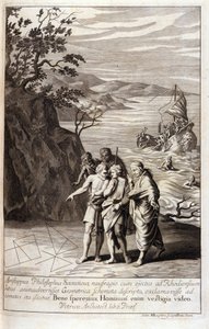 Representation of Aristipus of Cyrene, Greek philosopher disciple of Socrates, after the shipwreck that threw him on the coast of Rhodes, he discovers geometric traces on the sand. Engraving from Book XV of Euclid