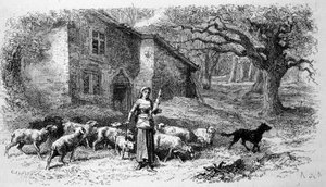 Representation of Joan of Arc when she was still a young shepherdess in Domremy. Engraving. 19th century by Unknown artist
