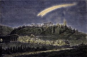 Representation of a comet above the town of Athens in 1878