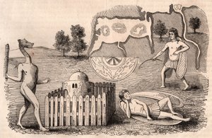 Representation of medieval tribes and animal species: men with long ears, one asleep, and a chimera with a mace by Unknown