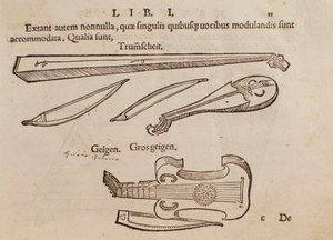 Representation of string instruments and archer. Page taken from Musurgia practical manual of music by Unknown artist