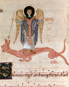 Representation of the Archangel Saint Michael and the dragon. Miniature from a gradual antiphonary (12th century) Plaisance, Biblioteca Capitolare