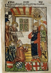 Representation of the Council of Constance (1414-1418), convened by Emperor Sigismund I and Antipope John XXIII. Miniature of 1414. Paris, Polish Library