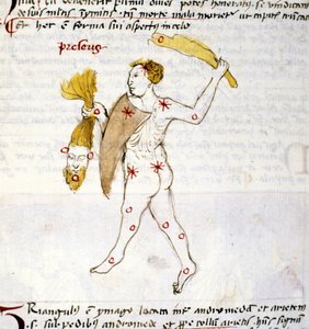 Representation of the constellation of Bouvier (Bootes). The hunter Bootes holds the hair of Berenices in his hand. Miniature from “Astronomica” by Biasino da Parma (Blaise de Parma) (1425-1457) by Unknown artist